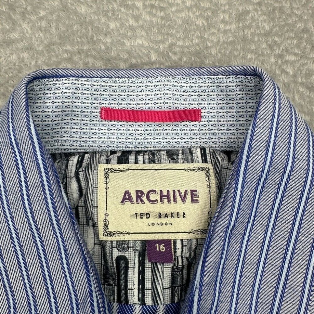 Ted Baker Archive Shirt Mens Size 16 Blue Striped Preppy Long Sleeve Herringbone - Picture 2 of 15